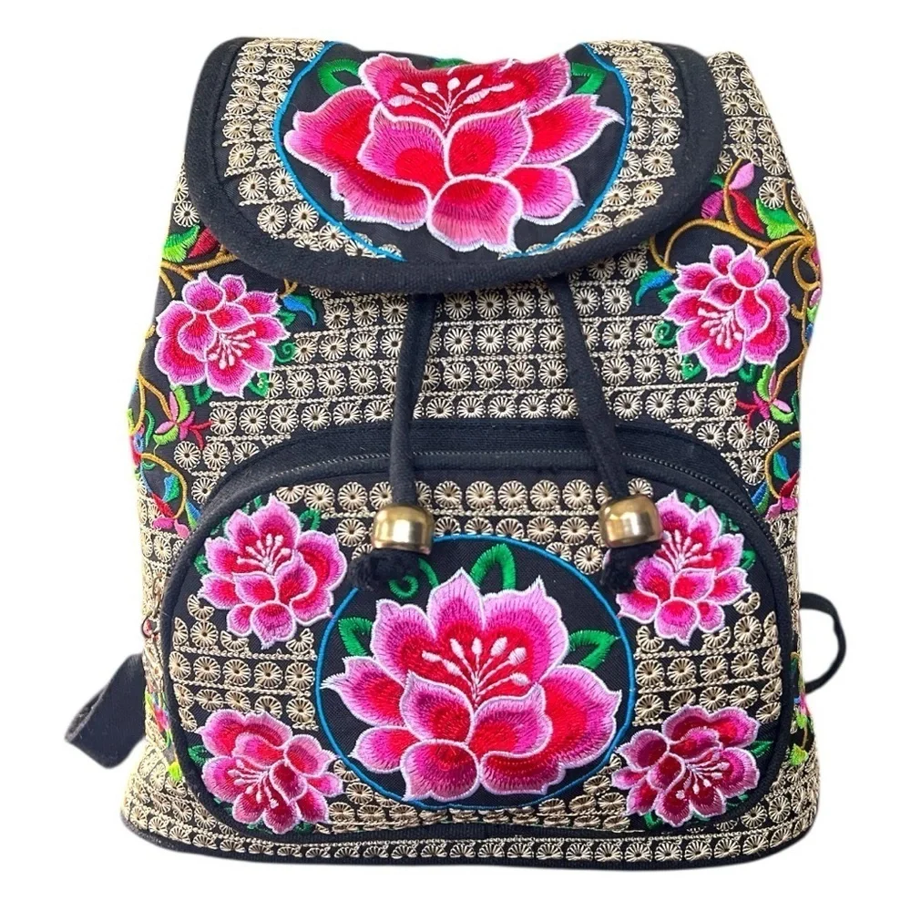 Boho Hippie Gypsy Embroidered Art to Wear Floral Cinch Sack Backpack Handbag